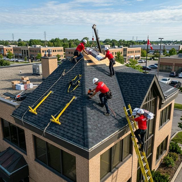 Universal Roofs team replacing shingles on commercial building