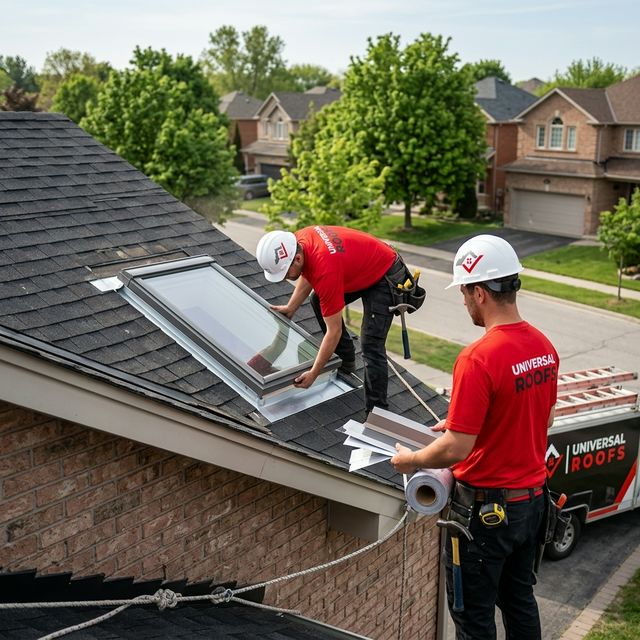 Universal Roofs installers fitting Velux skylight on residential roof