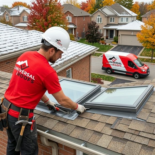 Universal Roofs roofer installing flashing around skylight with branded van