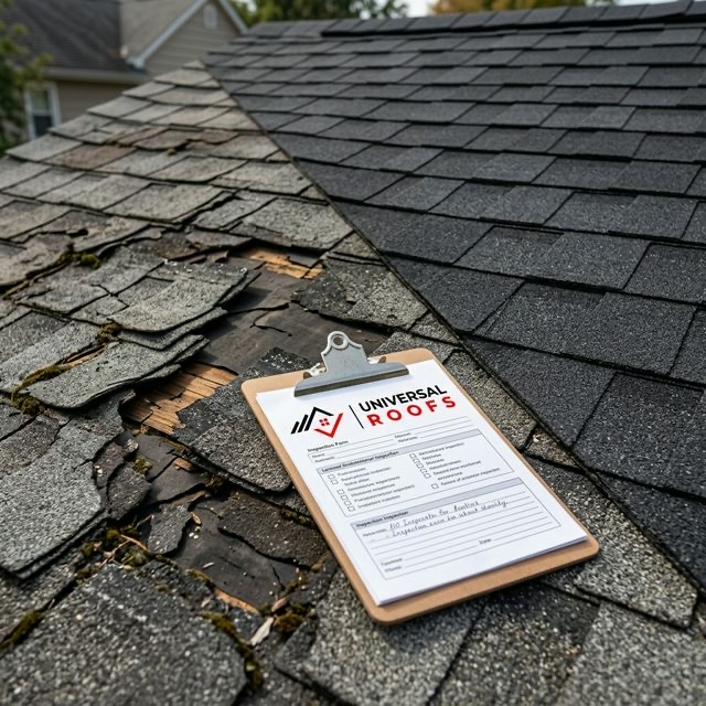 Damaged shingles next to new repair with Universal Roofs inspection clipboard