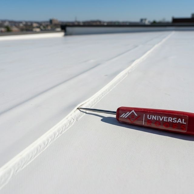 Universal Roofs inspection tool on TPO membrane seam