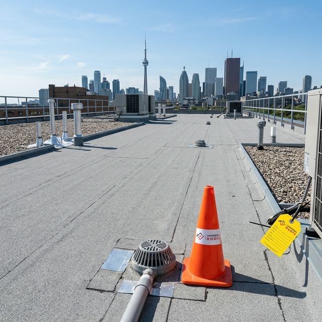 Clean flat roof membrane with drain and Universal Roofs safety cone, Toronto skyline