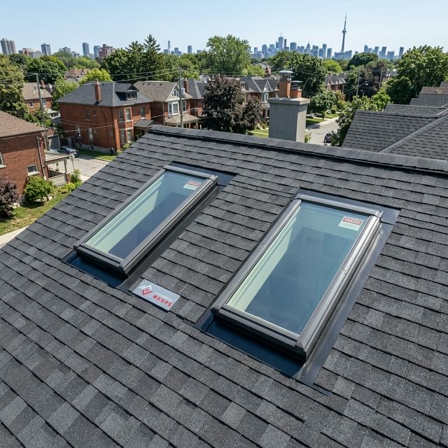 VELUX skylights installed on Toronto roof with CN Tower in background by Universal Roofs