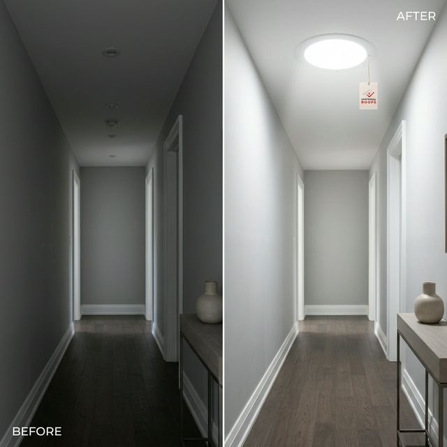 Before and after sun tunnel installation in dark hallway by Universal Roofs