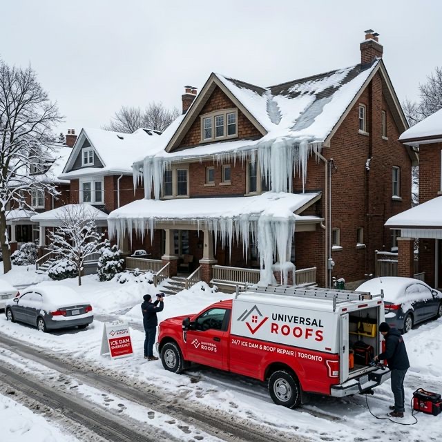 Ice dam on Toronto home with Universal Roofs emergency response truck in winter