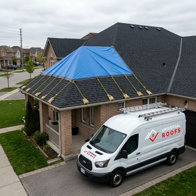 Emergency tarp repair on Toronto roof with Universal Roofs branded van